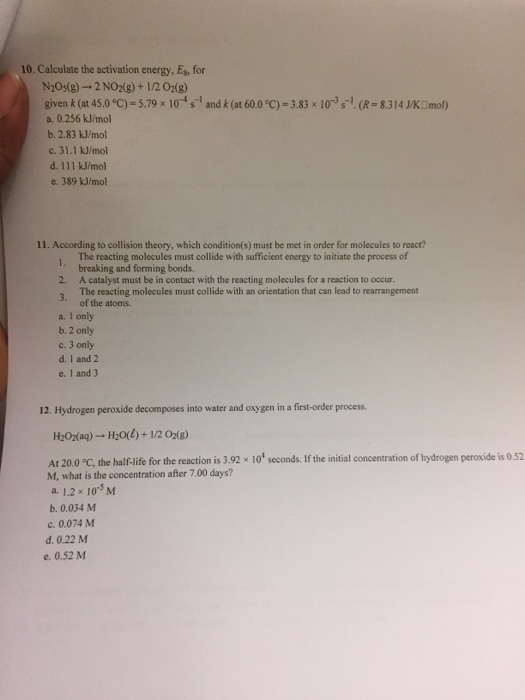 Solved Calculate The Activation Energy E B For N 2 O 5 Chegg Com