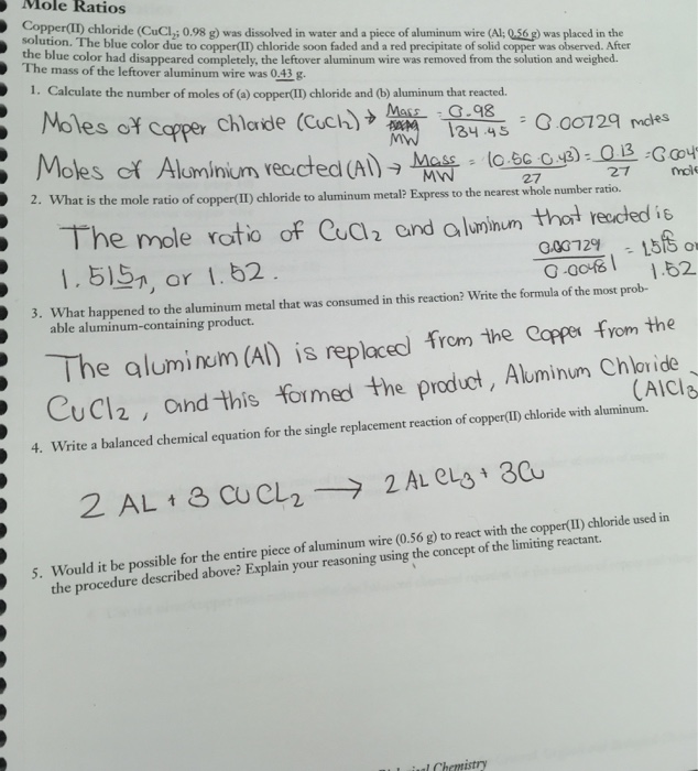 Mole Ratios Copper Ii Chloride Cucl 0 98 G Was Chegg 