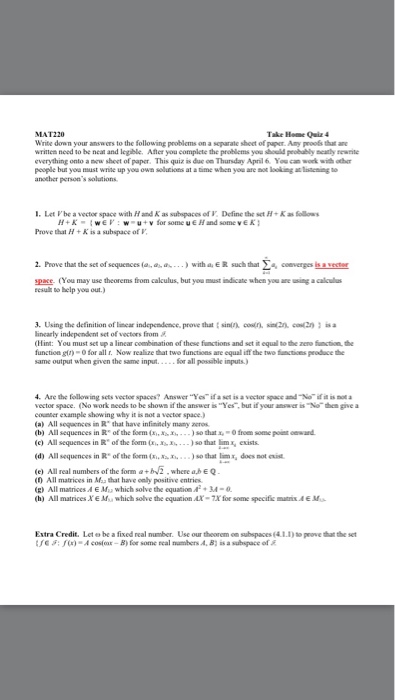 Solved Let Be A Vector Space With H And K As Subspaces Of Chegg Com