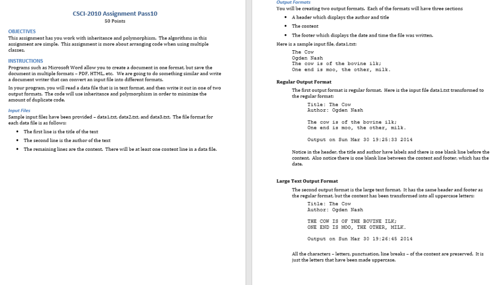 Output Formats You will be creating two output formats. Each of the formats will have three sections CSCI-2010 Assignment Pas