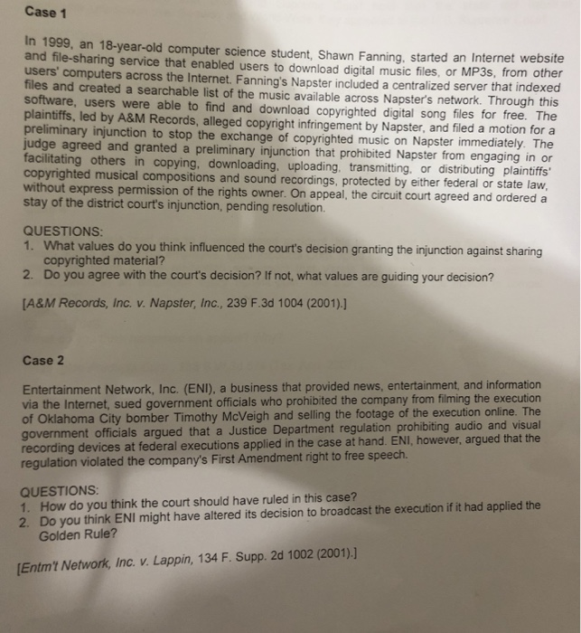 Case 1 In 1999, an 18-year-old computer science student, Shawn Fanning, started an Internet website and file-sharing service