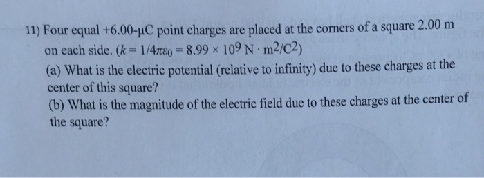 Solved Four Equal 6 00 Mu C Point Charges Are Placed At Chegg Com