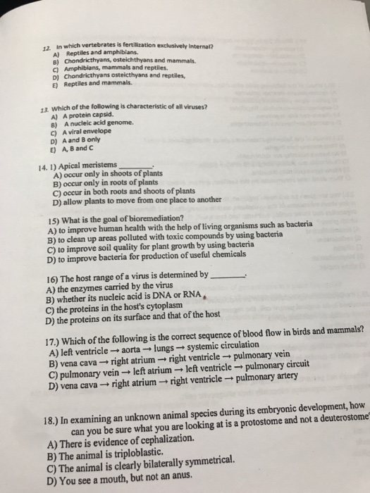 Solved 12. In Which Vertebrates Is Fertilization Exclusively | Chegg.com