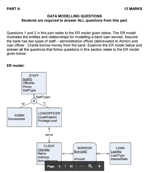 PART A 13 MARKS DATA MODELLING QUESTIONS Students are required to answer ALL questions from this part. Questions 1 and 2 in this part relate to the ER model given below. The ER model llustrates the entities and relationships for modelling a bank loan service. Assume the bank has two types of staff- administration officer (abbreviated to Admin) and loan officer. Clients borrow money from the bank. Examine the ER model below and answer all the questions that follow questions in this section relate to the ER model given below ER model STAFF StaffD OfficeNg Phone StaffType StaffType- LOANOFFICER ADMIN Qualification) PrivilegeLevel CLIENT BORROW LOAN LoanNo Loan Type Name Amount Page 3 10