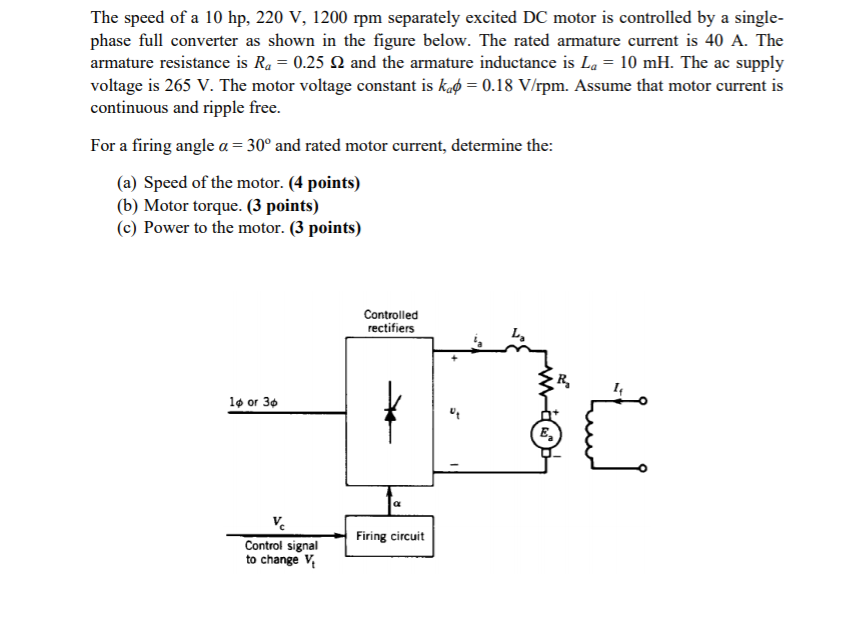 Solved The speed of a 10 hp, 220 V, 1200 rpm separately