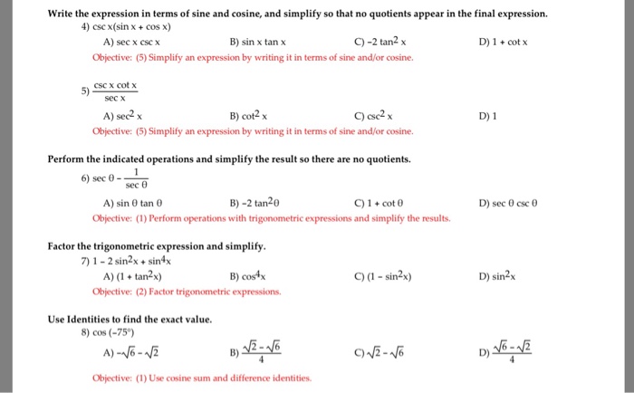 Solved Math 162 Exam 3 Use The Fundamental Identities To - 