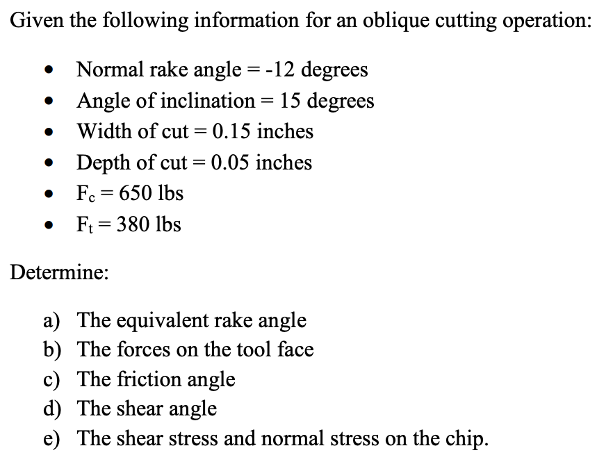 Given The Following Information For An Oblique Cutting Operation Normal Rake Angle 12 Degrees Given The Following Information For An Oblique Cutting Operation Normal Rake Angle 12 Degrees