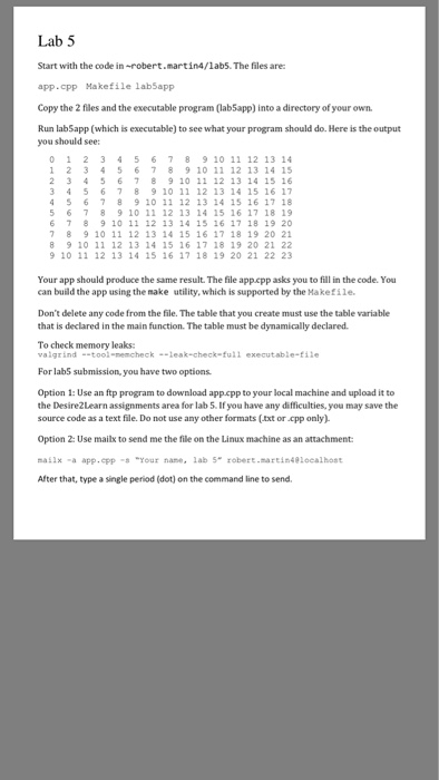 Lab 5 Start with the code in -robert.martin4/lab5. The files are: app.cpp Makefile lab5app Copy the 2 files and the executable program (lab5app) into a directory of your own Run labSapp (which is executable) to see what your program should do. Here is the output you should see: 012 34 56789 10 11 12 13 14 1 2 3 45 67 89 10 11 12 13 14 15 2 3 456 78 9 10 11 12 13 14 15 16 3 4 5 6 78 9 10 11 12 13 14 15 16 17 4 5 6 789 10 11 12 13 14 15 16 17 18 5 6 7 8910 11 12 13 14 15 16 17 18 19 6 7 8 9 10 11 12 13 14 15 16 17 18 19 20 78 9 10 11 12 13 14 15 16 17 18 19 20 21 8 9 10 11 12 13 14 15 16 17 18 19 20 21 22 9 10 11 12 13 14 15 16 17 18 19 20 21 22 23 Your app should produce the same result. The file appcpp asks you to fill in the code. You can build the app using the make utility, which is supported by the Makefile Dont delete any code from the file. The table that you create must use the table variable that is declared in the main function. The table must be dynamically declared. To check memory leaks vaigrind--tool-nencheck--leak-check-full executable-file For lab5 submission, you have two options Option 1: Use an ftp program to download app.cpp to your local machine and upload it to the Desire2Learn assinments area for lab 5. If you have any difficulties, you may save the source code as a text file. Do not use any other formats (txt or cpp only). Option 2: Use mailx to send me the file on the Linux machine as an attachment mailx a app .cpp·S ·Your nane, 1ab 5 robert-martin4@loealbast After that, type a single period (dot) on the command line to send.