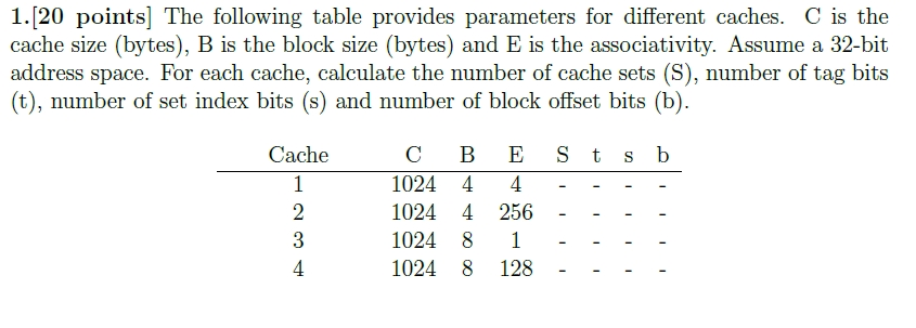 1.[20 points] The following table provides parameters for different caches. C is the cache size (bytes), B is the block size