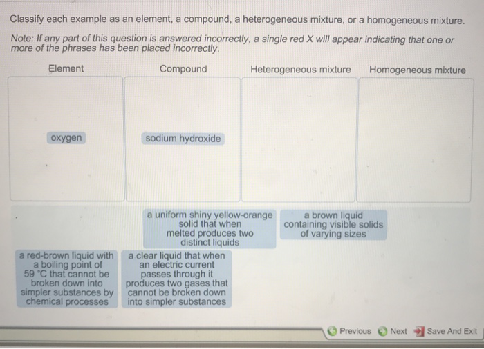 Classify Each Example As An Element A Compound A Chegg Com