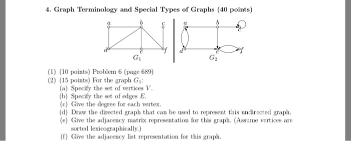 4. Graph Terminology and Special Types of Graphs (40 points) Gi G2 (1) (10 points) Problem 6 (page 689) (2) (15 points) For the graph Gi: (a) Specify the set of vertices V. (b) Specify the set of edges E (c) Give the degree for each vertex (d) Draw the directed graph that can be used to represent this undirected graph (e) Give the adjacency matrix representation for this graph. (Assume vertices are sorted lexicographically) (1) Give the adjacency list representation for this graph.