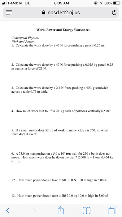 Solved T-Mobile LTE 8:35 AM a npsd.k12.nj.us Work, Power and | Chegg.com