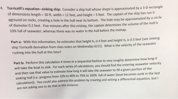 Torricelli's equationsinking ship Consider a ship