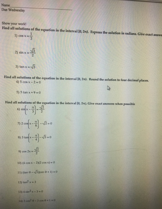 Solved Find All Solutions Of The Equation In The Interval Chegg Com