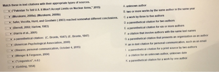 Solved Match These In Text Citations With Their Appropria Chegg Com