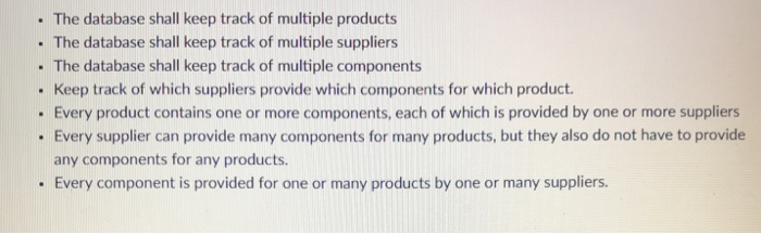 . The database shall keep track of multiple products . The database shall keep track of multiple suppliers . The database sha