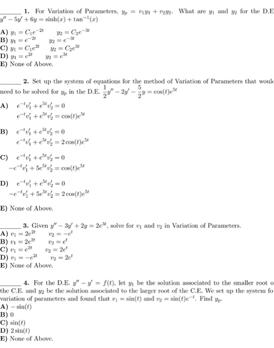 Solved 1 For Variation Of Parameters Pi 22 What Are And Y Chegg Com