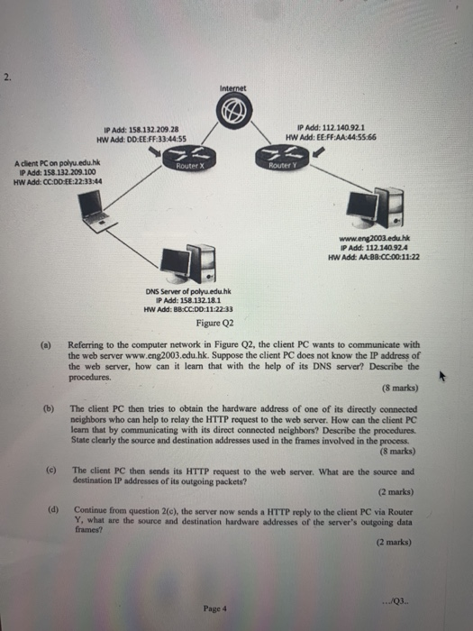 2. IP Add: 112.140.92.1 HW Add: EE FF AA:44-55.66 P Add: 158.132.209.28 HW Add: DD.EE FF:33:44:55 A client PC on polyu.edu.hk