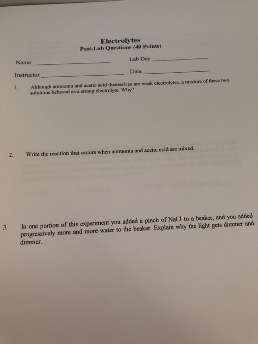 Solved Electrolytes Post Lab Questions 40 Points Name Chegg Com