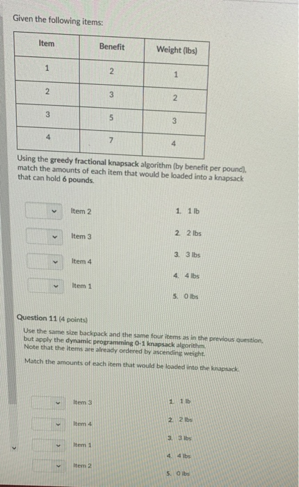 Given the following items: ltem Benefit Weight (Ibs) Using the greedy fractional knapsack algorithm (by benefit per pound), m