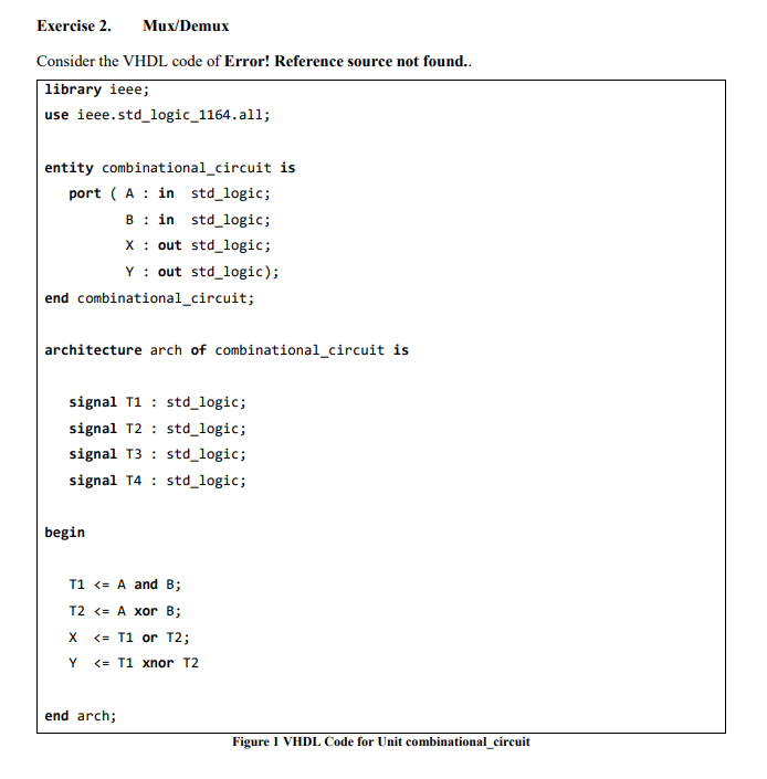 Exercise 2. Mux/Demux Consider the VHDL code of Error! Reference source not found.. library ieee; use ieee.std_logic_1164.all