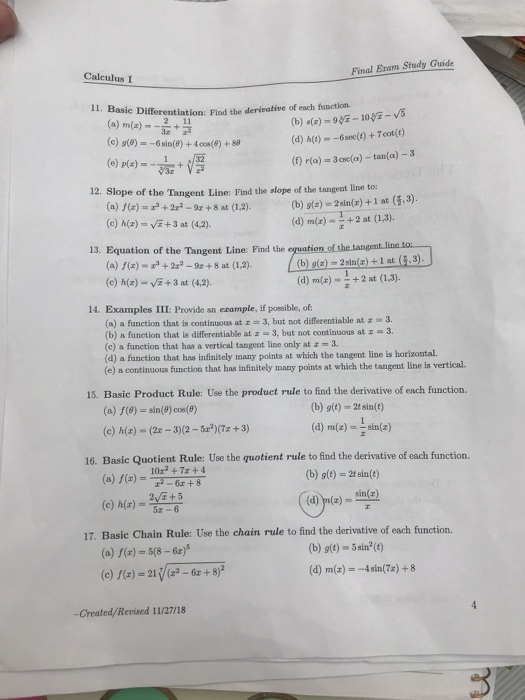 Solved Final Eram Study Guide Calculus I 11 Basic Differ Chegg Com