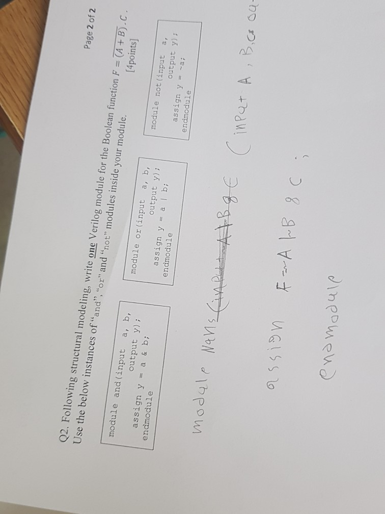 Page 2 of 2 Q2. Following structural modeling, write one Verilog mod Use the below of ule for the Boolean fu nction F = (A+ B