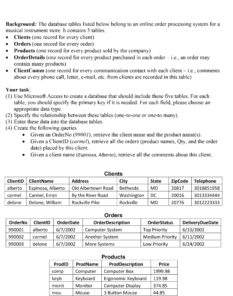 Background: The database tables listed below belong to an online order processing system for a musical instrument store. It c