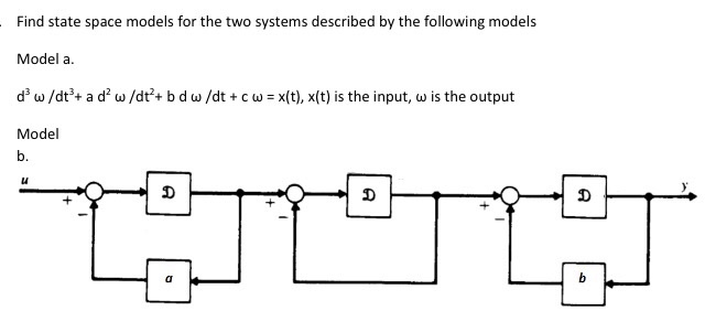 Find state space models for the two systems described by the following models Model a. du/dt, a da ω /dt, b d ω /dt ●cusx(t), x(t) is the input, a, is the output Model b. Lu