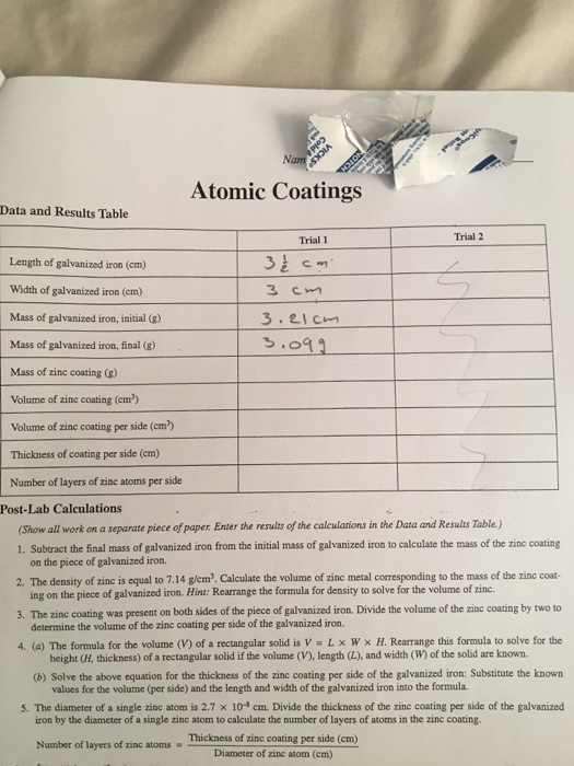 Atomic Coatings Data And Results Table Trial 1 Trial Chegg 