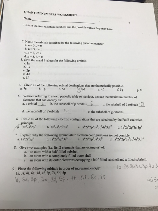 Quantum Numbers Worksheet Name 1 State The Four Chegg 