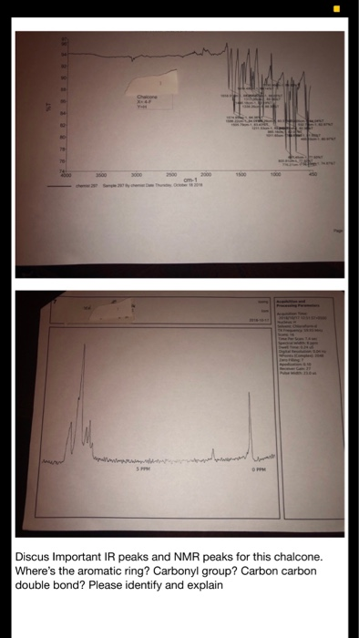 Discus Important IR peaks and NMR peaks for this chalcone. Wheres the aromatic ring? Carbonyl group? Carbon carbon double bond? Please identify and explain