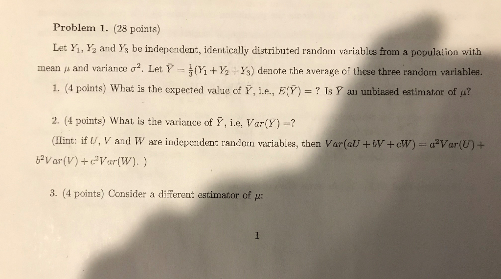 Solved Problem 1 28 Points Let Yi Y2 And Ys Be Indepe Chegg Com