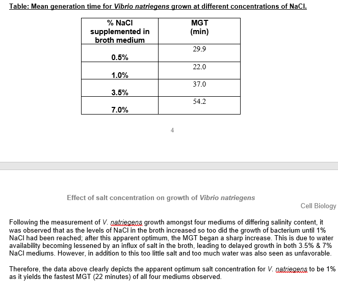 Table: Mean generation time for Vibrio natriegens grown at different concentrations of Na MGT % NaCl supplemented in broth medium 0.5% 1.0% 3.5% min) 29.9 22.0 37.0 54.2 Effect of salt concentration on growth of Vibrio natriegens Cell Biology Following the measurement of V. natiegens growth amongst four mediums of differing salinity content, it was observed that as the levels of NaCl in the broth increased so too did the growth of bacterium until 1 % NaCl had been reached, after this apparent optimum, the MGT began a sharp increase. This is due to water availability becoming lessened by an influx of salt in the broth, leading to delayed growth in both 3.5% & 7% NaCl mediums, However, in addition to this too little salt and too much water was also seen as unfavorable Therefore, the data above clearly depicts the apparent optimum salt concentration for V. aaneena to be 1% as it yields the fastest MGT (22 minutes) of all four mediums observed