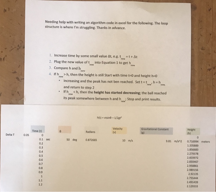 Needing help with writing an algorithm code in excel for the following. The loop structure is where Im struggling. Thanks in advance. I. Increase time by some small value at, e.g.toAt 2. Plug the new value of t into Equation 1 to get h 3. Compare h and h 4. Ifh h, then the height is still Start with time t-0 and height h-o increasing and the peak has not ben reached. Sett-t h h and return to step 2 If hh, then the height has started decreasing; the ball reached its peak somewhere between h and ho Stop and print results. hit) - vtsine-1/2gt Velocity Gravitational Constant Time (t) Height Radians Delta T0.05 0.1 sec 0.2 0.3 0.4 0.5 0.6 0.7 0.8 0.9 50 deg 0.872665 10 m/s 9.81 m/s*2 0.716994 meters 1.335889 1.856683 2.279378 2.603972 2.830467 2.958861 2.989156 2.92135 2.755444 2.491439 2.129333 1.1 1.2