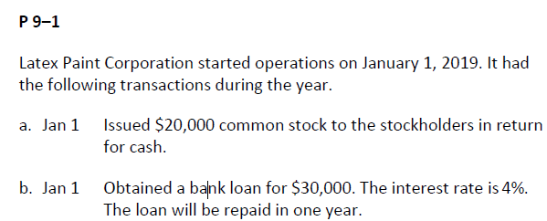 P 9-1 latex paint corporation started operations on january 1, 2019. it had the following transactions during the year issued