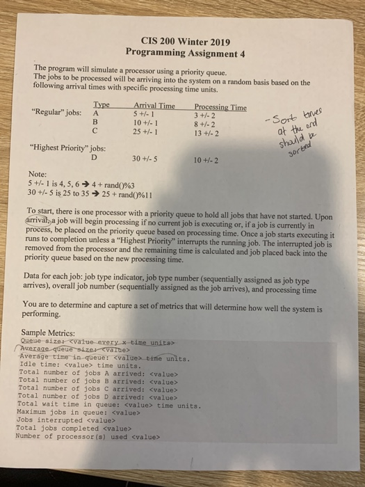 CIS 200 Winter 2019 Programming Assignment 4 The program will simulate a processor using a priority queue. The jobs to be pro