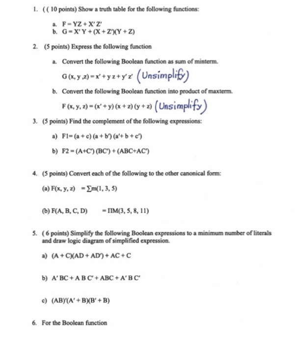 Solved 1 10 Points Show Truth Table Following Functions 2 5 Points Express Following Function Co Q