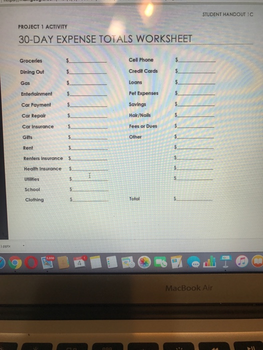 Student Handout 1c Project 1 Activity 30 Day Expen Chegg Com