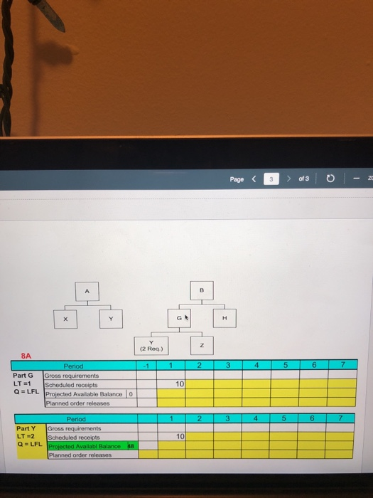 Page (2 Req.) 8A Part G Gross requirements LT Scheduled receipts LFL Projected Available Balance lo 10 Planned order releases Part Y Gross requirements LT-2 Scheduled receipts Q=LFL 10 Planned order releases