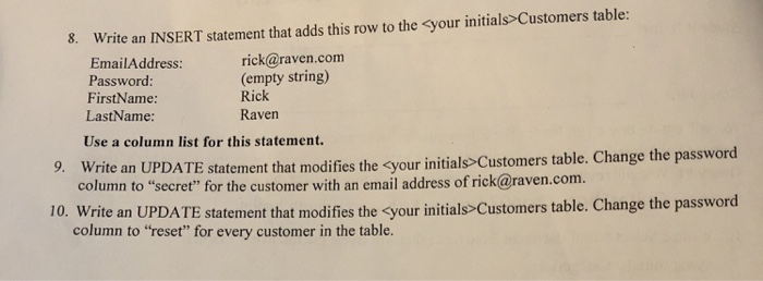 8. Write an INSERT statement that adds this row to the syour initials> Customers table: rick@raven.com (empty string) Rick Ra
