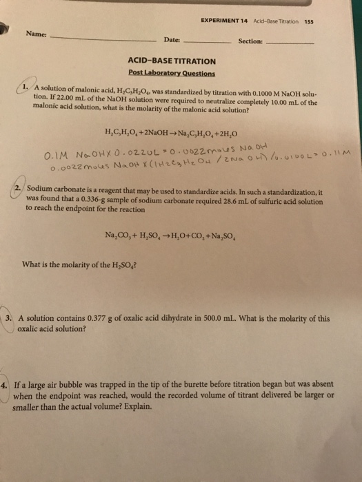 Solved Experiment 14 Ackd Base Titration 155 Name Date Chegg Com