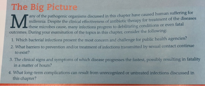 The Big Picture any of the pathogenic organisms discussed in this chapter have caused human suffering for millennia. Despite these micro the clinical effectiveness of antibiotic therapy for treatment of the diseases bes cause, many infections progress to debilitating conditions or even fatal outcomes. During your examination of the topics in this chapter, consider the following 1. Which bacterial infections present the most concern and challenge for public health agencies? 2. What barriers to prevention and/or treatment of infections transmitted by sexual contact continue to exist? 3. The clinical signs and symptoms of which disease progresses the fastest, possibly resulting in fatality in a matter of hours? 4. What long-term complications can result from unrecognized or untreated infections discussed in this chapter?