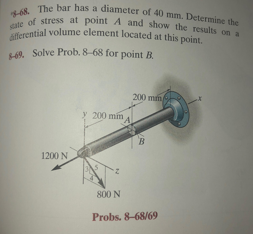 e bar has a diameter of 40 mm. Determine the ress at point A and show the results on a tial volume element located at this point. Solve Prob. 8-68 for point B. differential 9. 200 mm y 200 mm A 1200 N 2 4 800 N Probs. 8-68/69