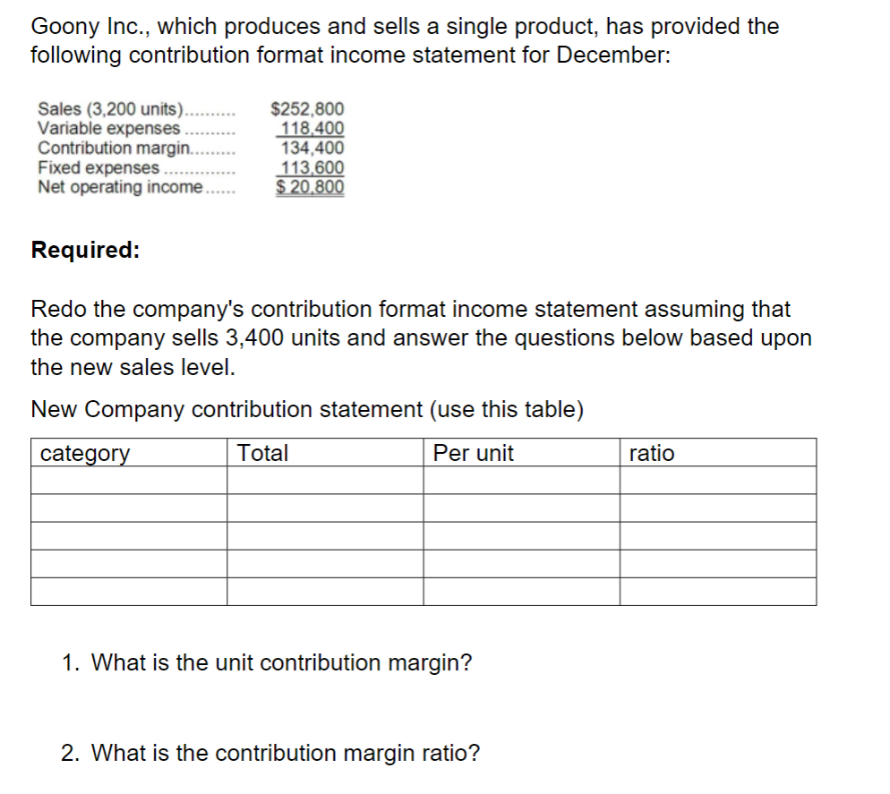 Goony Inc., which produces and sells a single product, has provided the following contribution format income statement for December: $252,800 118,400 134,400 113.600 Variable expenses.. Contribution margin Net operating income Required: Redo the companys contribution format income statement assuming that the company sells 3,400 units and answer the questions below based upon the new sales level. New Company contribution statement (use this table) category Total Per unit ratio 1. What is the unit contribution margin? 2. What is the contribution margin ratio?