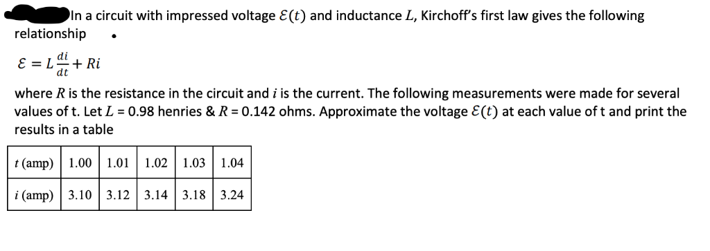 In a circuit with impressed voltage (t) and inductance L, Kirchoffs first law gives the following relationship di dt where R