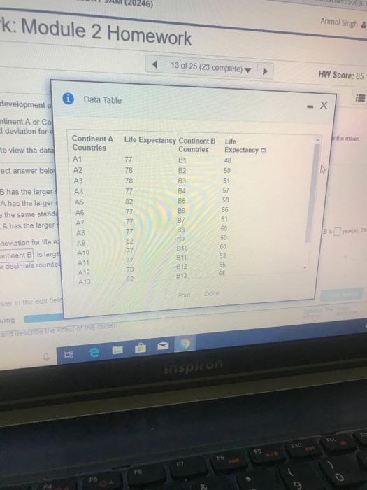 550696 k: Module 2 Homework Anmol Singh& 13 of 25 (23 complete) HW Score: 85 Data Table development X ntinent A or Co d devia