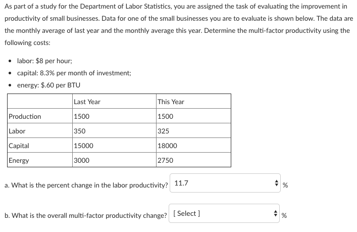 As part of a study for the Department of Labor Statistics, you are assigned the task of evaluating the improvement in productivity of small businesses. Data for one of the small businesses you are to evaluate is shown below. The data are the monthly average of last year and the monthly average this year. Determine the multi-factor productivity using the following costs labor: $8 per hour . capital: 8.3% per month of investment energy: $.60 per BTU Production Labor Capital Energy Last Year 1500 350 15000 3000 This Year 1500 325 18000 2750 a. What is the percent change in the labor productivity? 11.7 b. What is the overall multi-factor productivity change? [Select ]