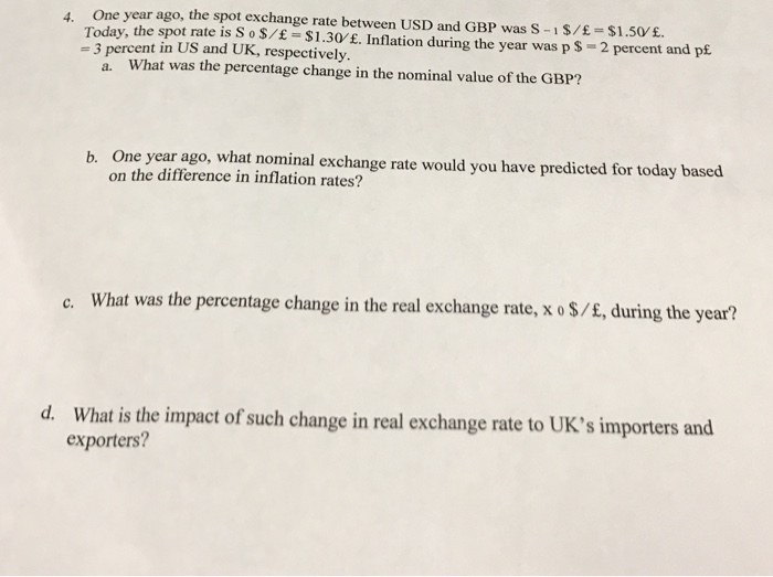 Solved One Year Ago The Spot Exchange Rate Between Usd A - 