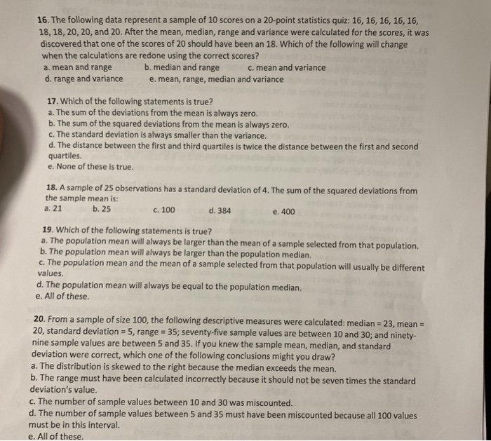 Solved 16 The Following Data Represent A Sample Of 10 Sc Chegg Com